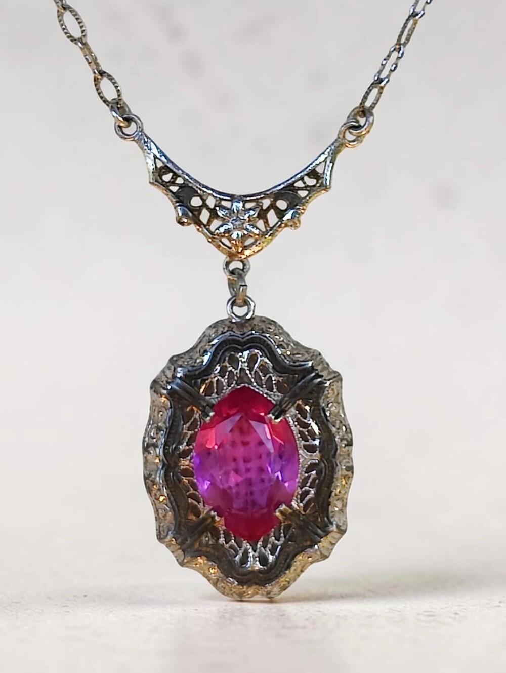 🔥 Antique 1920s Sterling Silver Pink Sapphire Pendant Necklace
